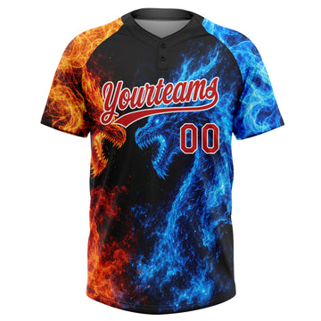 Custom Black Red Royal-White Ice And Fire Dragons 3D Pattern Two-Button Unisex Softball Jersey