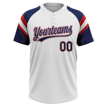 Custom White Navy-Red Raglan Sleeves Stripes Two-Button Unisex Softball Jersey