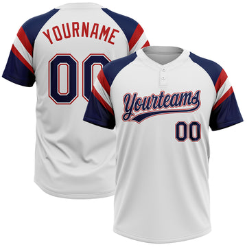 Custom White Navy-Red Raglan Sleeves Stripes Two-Button Unisex Softball Jersey