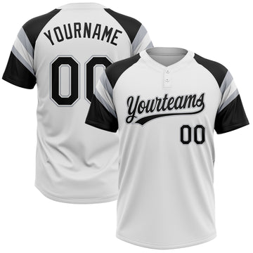 Custom White Black-Gray Raglan Sleeves Stripes Two-Button Unisex Softball Jersey