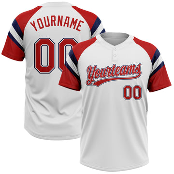 Custom White Red-Navy Raglan Sleeves Stripes Two-Button Unisex Softball Jersey