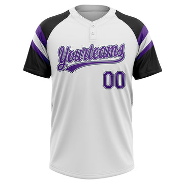 Custom White Purple-Black Raglan Sleeves Stripes Two-Button Unisex Softball Jersey