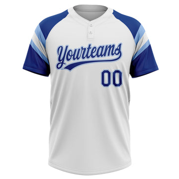 Custom White Royal-Light Blue Raglan Sleeves Stripes Two-Button Unisex Softball Jersey