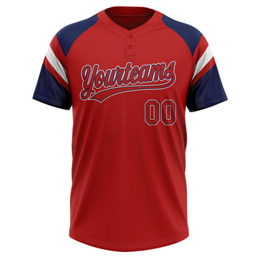 Custom Red Navy-White Raglan Sleeves Stripes Two-Button Unisex Softball Jersey