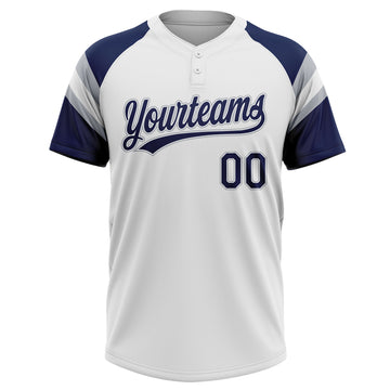 Custom White Navy-Gray Raglan Sleeves Stripes Two-Button Unisex Softball Jersey