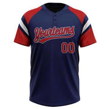 Custom Navy Red-White Raglan Sleeves Stripes Two-Button Unisex Softball Jersey