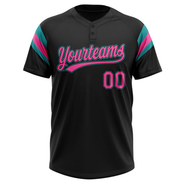 Custom Black Pink-Teal Raglan Sleeves Stripes Two-Button Unisex Softball Jersey