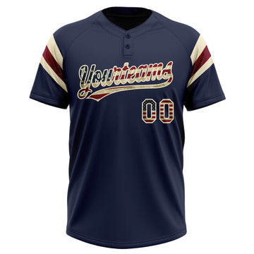 Custom Navy Vintage USA Flag Cream-Crimson Raglan Sleeves Stripes Two-Button Unisex Softball Jersey