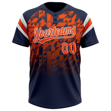 Custom Navy Orange-White Gradient Geometric Grid Sleeve Stripes Two-Button Unisex Softball Jersey