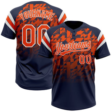 Custom Navy Orange-White Gradient Geometric Grid Sleeve Stripes Two-Button Unisex Softball Jersey