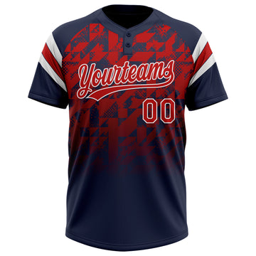 Custom Navy Red-White Gradient Geometric Grid Sleeve Stripes Two-Button Unisex Softball Jersey