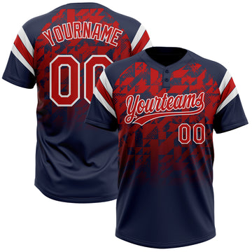 Custom Navy Red-White Gradient Geometric Grid Sleeve Stripes Two-Button Unisex Softball Jersey