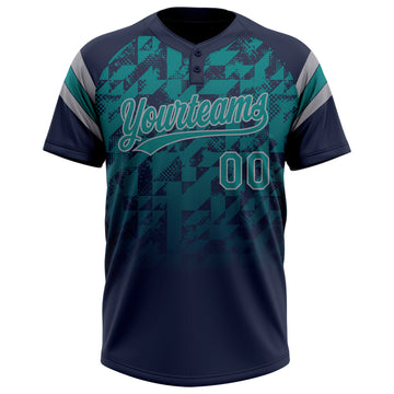 Custom Navy Teal-Gray Gradient Geometric Grid Sleeve Stripes Two-Button Unisex Softball Jersey
