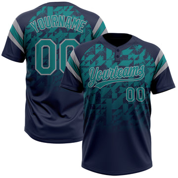 Custom Navy Teal-Gray Gradient Geometric Grid Sleeve Stripes Two-Button Unisex Softball Jersey