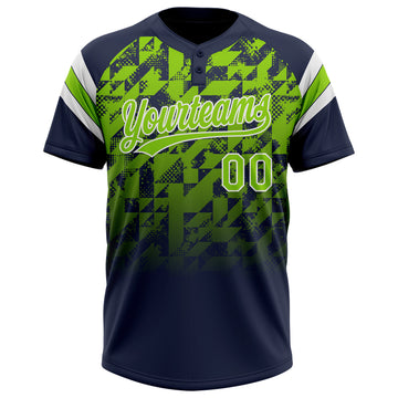 Custom Navy Neon Green-White Gradient Geometric Grid Sleeve Stripes Two-Button Unisex Softball Jersey