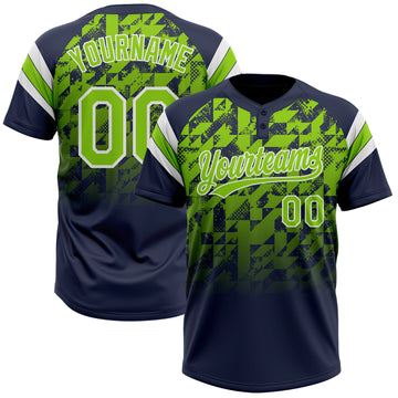 Custom Navy Neon Green-White Gradient Geometric Grid Sleeve Stripes Two-Button Unisex Softball Jersey