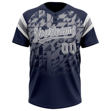 Custom Navy Gray-White Gradient Geometric Grid Sleeve Stripes Two-Button Unisex Softball Jersey