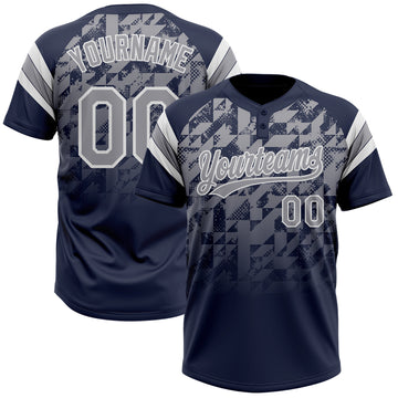 Custom Navy Gray-White Gradient Geometric Grid Sleeve Stripes Two-Button Unisex Softball Jersey