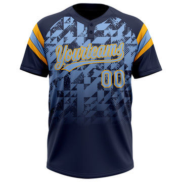 Custom Navy Light Blue-Gold Gradient Geometric Grid Sleeve Stripes Two-Button Unisex Softball Jersey
