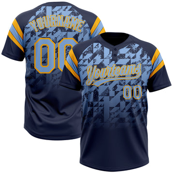 Custom Navy Light Blue-Gold Gradient Geometric Grid Sleeve Stripes Two-Button Unisex Softball Jersey