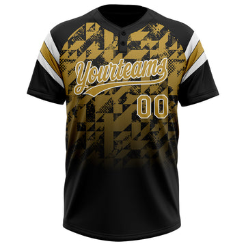 Custom Black Old Gold-White Gradient Geometric Grid Sleeve Stripes Two-Button Unisex Softball Jersey
