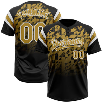Custom Black Old Gold-White Gradient Geometric Grid Sleeve Stripes Two-Button Unisex Softball Jersey