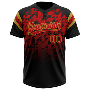 Custom Black Red-Old Gold Gradient Geometric Grid Sleeve Stripes Two-Button Unisex Softball Jersey