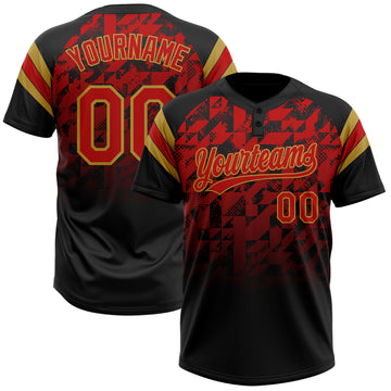 Custom Black Red-Old Gold Gradient Geometric Grid Sleeve Stripes Two-Button Unisex Softball Jersey