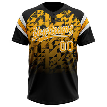 Custom Black Gold-White Gradient Geometric Grid Sleeve Stripes Two-Button Unisex Softball Jersey