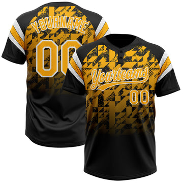Custom Black Gold-White Gradient Geometric Grid Sleeve Stripes Two-Button Unisex Softball Jersey