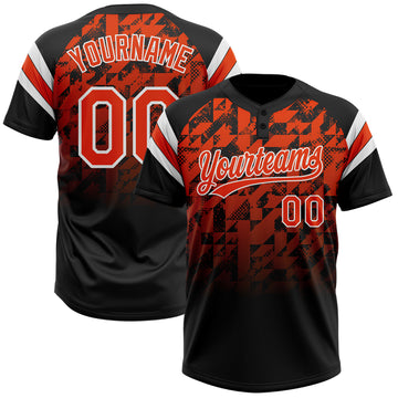 Custom Black Orange-White Gradient Geometric Grid Sleeve Stripes Two-Button Unisex Softball Jersey