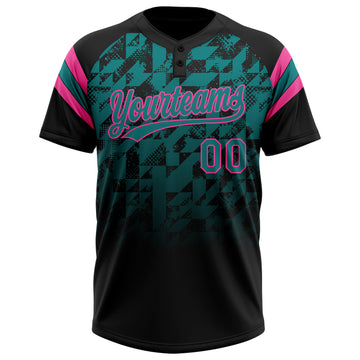 Custom Black Teal-Pink Gradient Geometric Grid Sleeve Stripes Two-Button Unisex Softball Jersey