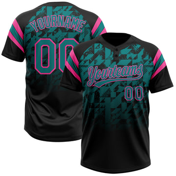 Custom Black Teal-Pink Gradient Geometric Grid Sleeve Stripes Two-Button Unisex Softball Jersey