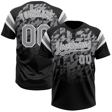 Custom Black Gray-White Gradient Geometric Grid Sleeve Stripes Two-Button Unisex Softball Jersey