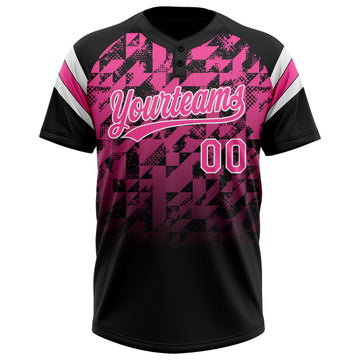 Custom Black Pink-White Gradient Geometric Grid Sleeve Stripes Two-Button Unisex Softball Jersey