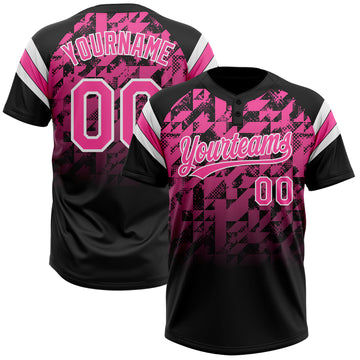 Custom Black Pink-White Gradient Geometric Grid Sleeve Stripes Two-Button Unisex Softball Jersey