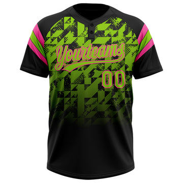 Custom Black Neon Green-Pink Gradient Geometric Grid Sleeve Stripes Two-Button Unisex Softball Jersey