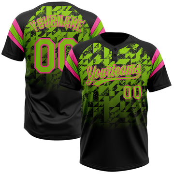 Custom Black Neon Green-Pink Gradient Geometric Grid Sleeve Stripes Two-Button Unisex Softball Jersey