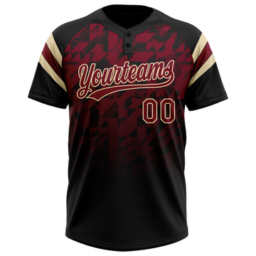 Custom Black Crimson-Cream Gradient Geometric Grid Sleeve Stripes Two-Button Unisex Softball Jersey