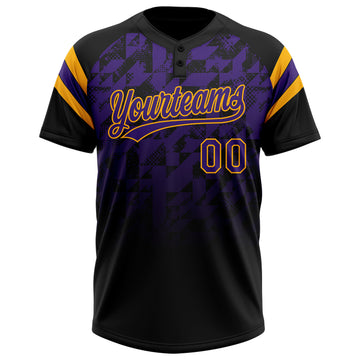 Custom Black Purple-Gold Gradient Geometric Grid Sleeve Stripes Two-Button Unisex Softball Jersey