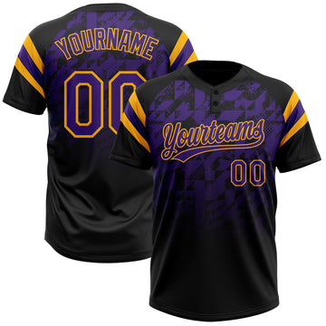 Custom Black Purple-Gold Gradient Geometric Grid Sleeve Stripes Two-Button Unisex Softball Jersey