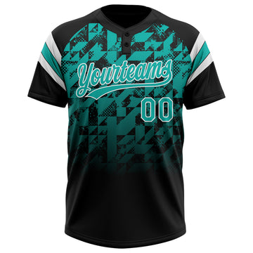 Custom Black Aqua-White Gradient Geometric Grid Sleeve Stripes Two-Button Unisex Softball Jersey