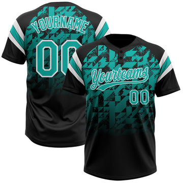 Custom Black Aqua-White Gradient Geometric Grid Sleeve Stripes Two-Button Unisex Softball Jersey