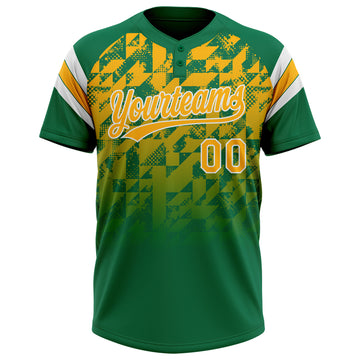 Custom Kelly Green Gold-White Gradient Geometric Grid Sleeve Stripes Two-Button Unisex Softball Jersey