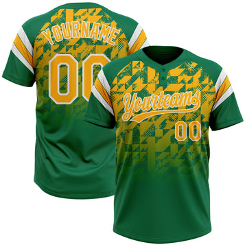 Custom Kelly Green Gold-White Gradient Geometric Grid Sleeve Stripes Two-Button Unisex Softball Jersey