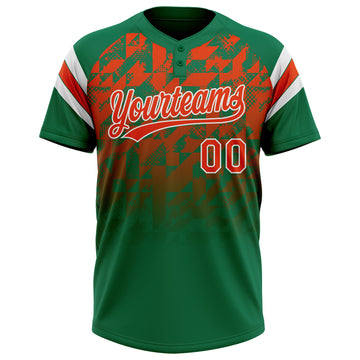 Custom Kelly Green Orange-White Gradient Geometric Grid Sleeve Stripes Two-Button Unisex Softball Jersey