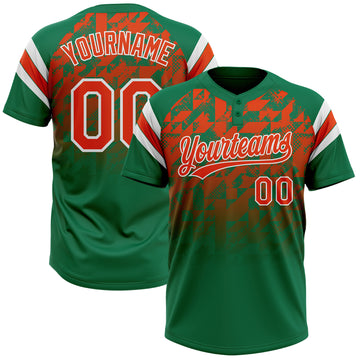 Custom Kelly Green Orange-White Gradient Geometric Grid Sleeve Stripes Two-Button Unisex Softball Jersey