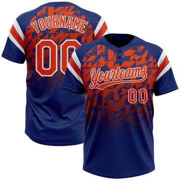 Custom Royal Orange-White Gradient Geometric Grid Sleeve Stripes Two-Button Unisex Softball Jersey