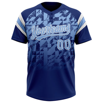 Custom Royal Light Blue-White Gradient Geometric Grid Sleeve Stripes Two-Button Unisex Softball Jersey