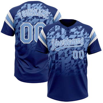 Custom Royal Light Blue-White Gradient Geometric Grid Sleeve Stripes Two-Button Unisex Softball Jersey